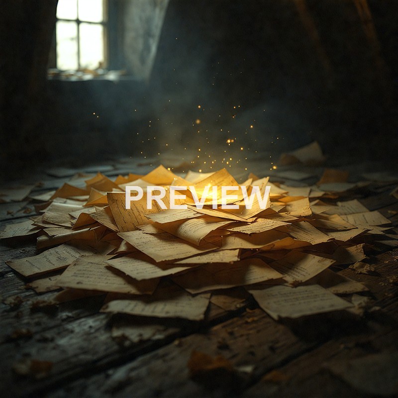 A pile of old, yellowed papers on a wooden floor inside a dimly lit room with a small window, with sparks or glowing particles rising from the center.